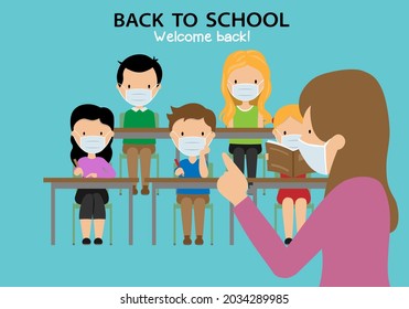 Students and teacher with face masks in class. Isolated vector