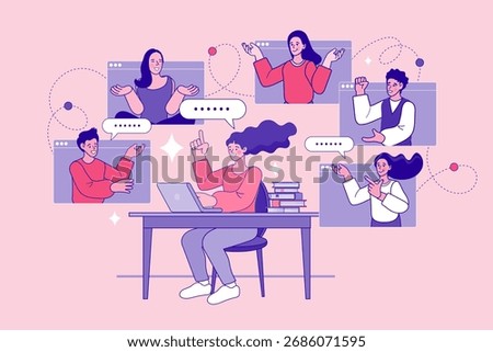 Students and a teacher in an online class. A group of people learning remotely in a video conference call with a professor. Concept of e-learning, a virtual classroom, and a university webinar.