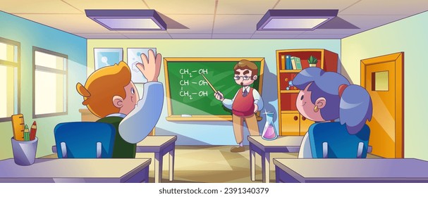 Estudiantes y profesores de escuela que estudian química. Vector de dibujos animados del interior del laboratorio educativo con mobiliario y equipo - mesas y armario, pizarra con fórmula, matraces de vidrio.