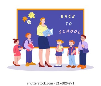 Students And Teacher. Smiling Child On Recess At Chalkboard, Children And Young Woman. Teachers Day, Back To School Or Kindergarten Kicky Vector Concept