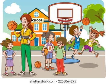 students and teacher in sports lesson cartoon vector