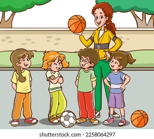 students and teacher in sports lesson cartoon vector