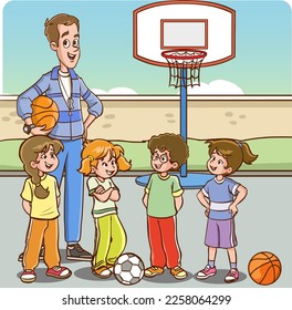 students and teacher in sports lesson cartoon vector