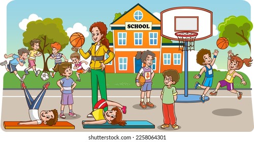 students and teacher in sports lesson cartoon vector