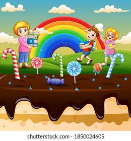 The students and a teacher in sweet land illustration