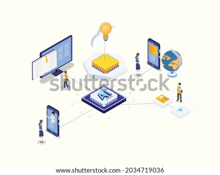 Students and teacher using smart device with computer processor artificial intelligence. Isometric vector concept