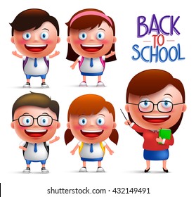 Students and teacher vector character set of boys and girls in uniforms for back to school isolated in white background. Vector illustration
