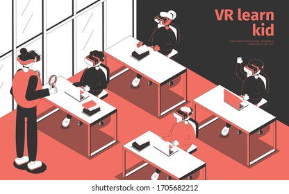 Students and teacher wearing virtual reality glasses studying in classroom 3d isometric vector illustration