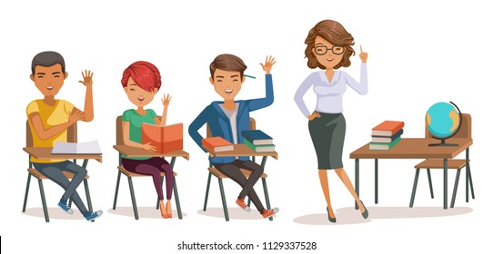 Students with teachers in classroom studying. group of multiethnic diverse hands raised. people sit on a chair in the classroom. Cartoon illustrated vector isolated on white background.