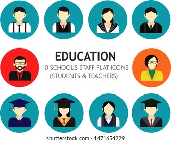 Students and teachers flat icons set. Education avatar vector.