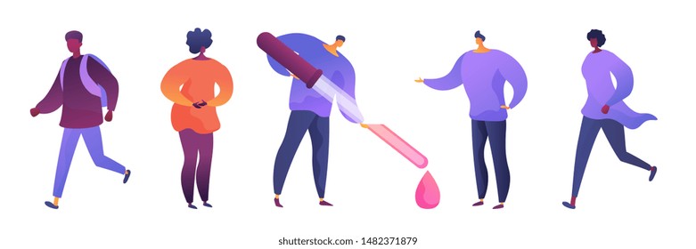 Students and teachers flat vector illustrations set. Young men and african american women cartoon characters. College education, pupil with rucksack. Guy holding huge pipette, scientific experiment