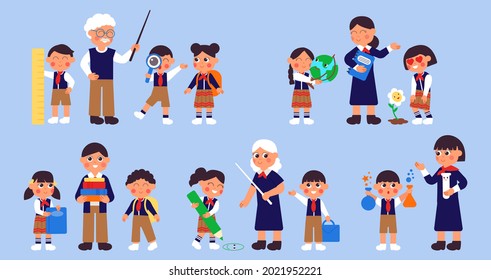 Students and teachers. Fun girls in school uniform, happy kindergarden child. Preschool characters, school or college children decent vector set