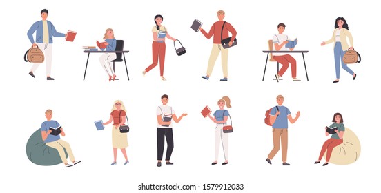 Students and teachers at library and at home flat vector illustrations set. Learning and training. Reading room visitors, people with books cartoon characters bundle isolated on white background.