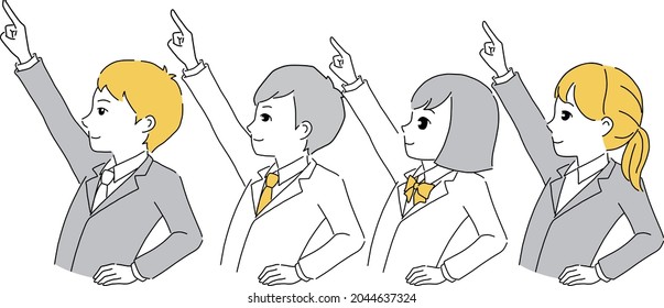 Students and teachers pointing to the sky