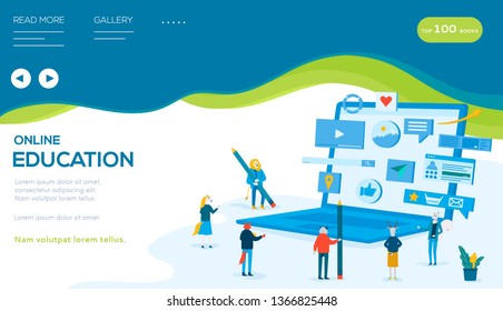 Students and teachers stand around computer with pencils. Concept of distance education, online trainings, courses, webinar, modern technologies. Vector flat design. Place for text, copy space.