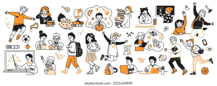 Students and teachers with supplies doodle line and color illustration set. School education process linear sketch vector people collection