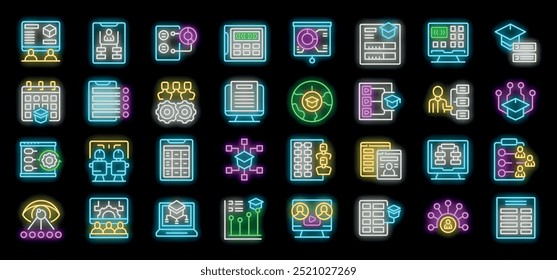 Students and teachers are using an online learning management system in this neon icon set