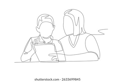 Students and teachers using touch pads concept one-line drawing