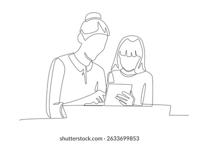 Students and teachers using touch pads concept one-line drawing