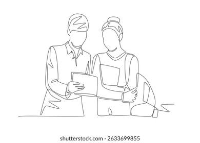 Students and teachers using touch pads concept one-line drawing