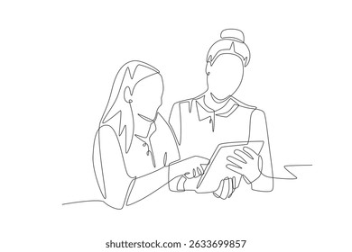Students and teachers using touch pads concept one-line drawing