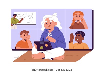 Students' team elearning. Kids study, listen to teacher at distance lesson with video call. Cute schoolmates, girls and boys learning school subjects with online education. Flat vector illustration