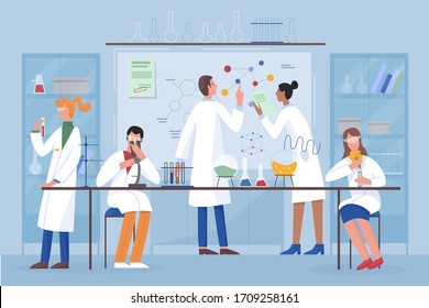 Students team, group scientists in science laboratory flat character vector illustration concept. Sitting and standing people in lab coats do research, discuss schema on whiteboard, look at microscope