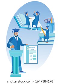 Students Team Rejoices in Successful Insurance Business. Insurance Policy. Vector Illustration. Reliable Protection. Insurance Case. Worker Insurance Company. Students Completed Studies at University.