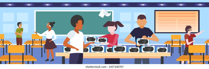 students testing 3d glasses mix race teenagers wearing virtual reality digital goggles headset vision vr technology concept modern classroom interior flat horizontal