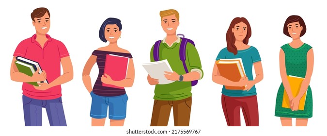 Students with textbooks and notebooks set. Back to school, college life, study process concept. Education flat cartoon
