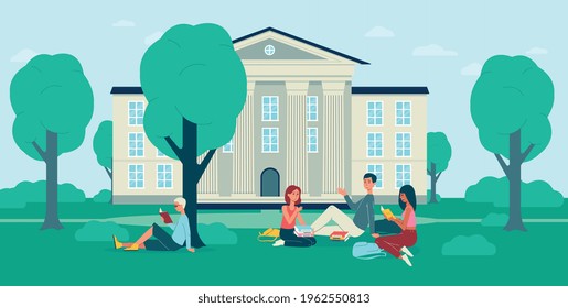 Students with textbooks sitting on grass in front of building university college campus. Girls and guys rest, reading books, study or communicate. Vector flat illustration.