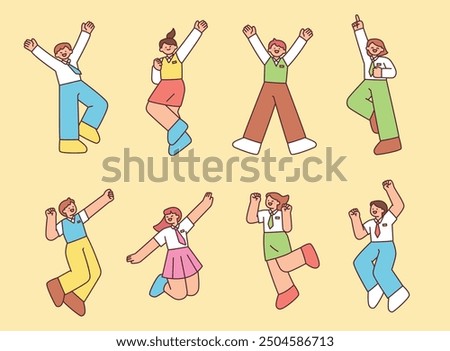 Students in their school uniforms are jumping with excitement. outline simple vector illustration.
