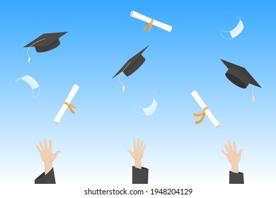 Students throw mortarboards, diplomas and medical masks into air. Graduation ceremony. Vector illustration.