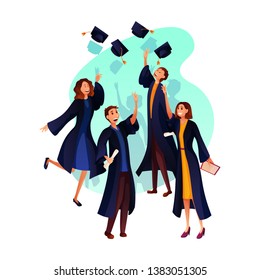 Students throwing graduation caps flat characters. University graduation cartoon vector illustrations. Commencement ceremony drawing. College, school pupil celebrating isolated clipart