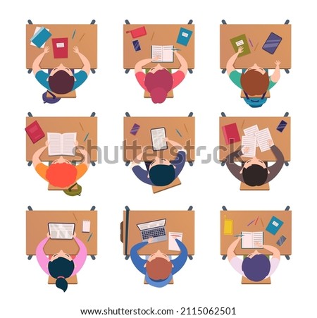 Students top view. School education lessons children sitting at desk and listening teacher pupils reading books on lecture exact vector flat pictures set