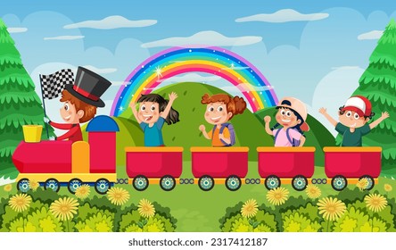 Los estudiantes viajan al bosque por ilustración de tren
