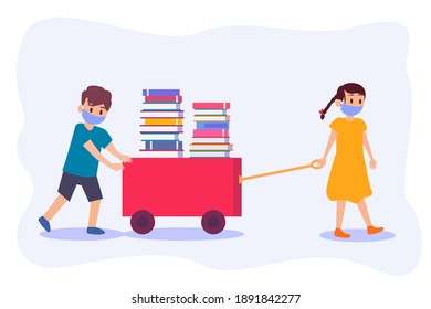 Students with trolley filled with books 2D flat vector concept for banner, website, illustration, landing page, flyer, etc.