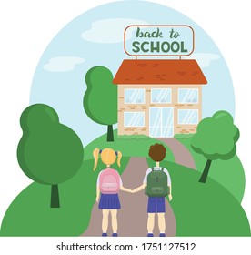 Estudiantes uniformados regresan a la escuela - ilustración de dibujos animados para la industria de la impresión, diseño web. Ilustración de material vectorial aislada en fondo blanco. EPS10