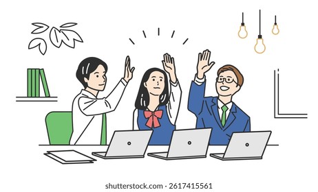 Students in Uniform High-Fiving Illustration Set. A schoolboy and schoolgirl celebrating with a high five. Great for teamwork, success, and joy in educational or school life content.