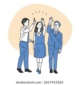 Students in Uniform High-Fiving Illustration Set. A schoolboy and schoolgirl celebrating with a high five. Great for teamwork, success, and joy in educational or school life content.