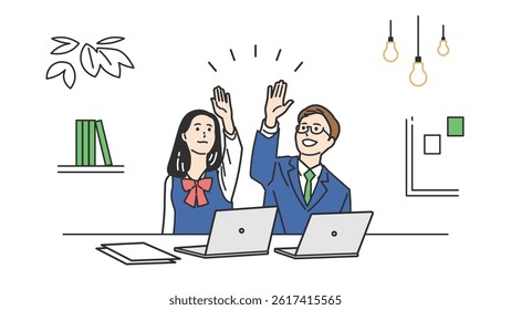 Students in Uniform High-Fiving Illustration Set. A schoolboy and schoolgirl celebrating with a high five. Great for teamwork, success, and joy in educational or school life content.
