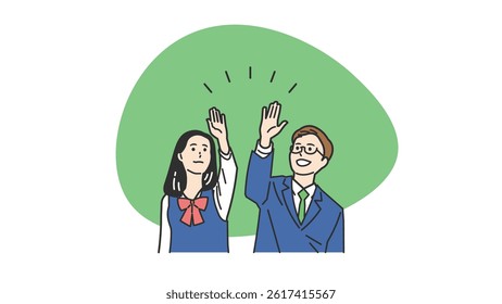 Students in Uniform High-Fiving Illustration Set. A schoolboy and schoolgirl celebrating with a high five. Great for teamwork, success, and joy in educational or school life content.