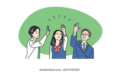 Students in Uniform High-Fiving Illustration Set. A schoolboy and schoolgirl celebrating with a high five. Great for teamwork, success, and joy in educational or school life content.