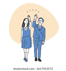 Students in Uniform High-Fiving Illustration Set. A schoolboy and schoolgirl celebrating with a high five. Great for teamwork, success, and joy in educational or school life content.