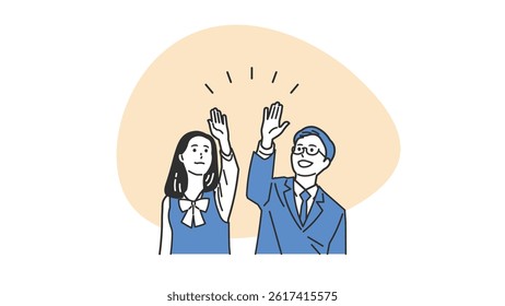 Students in Uniform High-Fiving Illustration Set. A schoolboy and schoolgirl celebrating with a high five. Great for teamwork, success, and joy in educational or school life content.