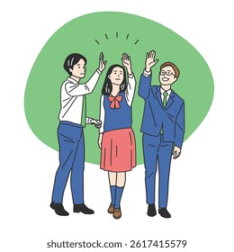 Students in Uniform High-Fiving Illustration Set. A schoolboy and schoolgirl celebrating with a high five. Great for teamwork, success, and joy in educational or school life content.