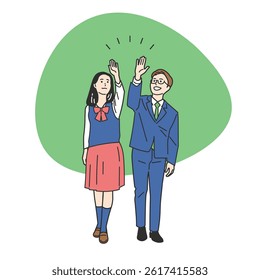 Students in Uniform High-Fiving Illustration Set. A schoolboy and schoolgirl celebrating with a high five. Great for teamwork, success, and joy in educational or school life content.