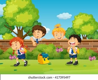 Students In Uniform Skipping School Illustration