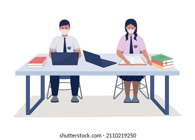 Students in uniform studying semi flat color vector characters. Sitting figures. Full body people on white. School isolated modern cartoon style illustration for graphic design and animation