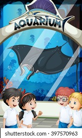 Students in uniform visiting aquarium  illustration